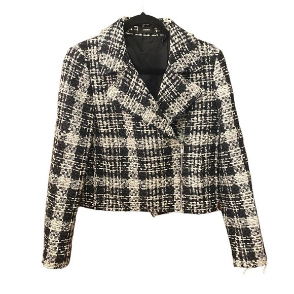 Theory tweed plaid side zip black white jacket chic preppy collared Size 4 - Picture 1 of 8
